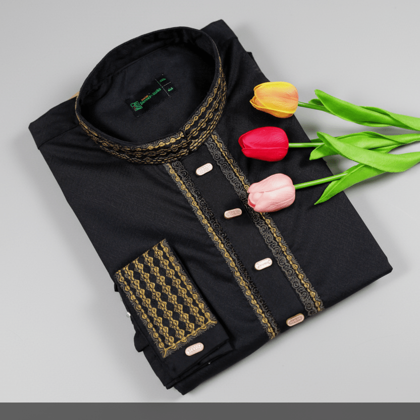 Classic Black Fancy Cotton Panjabi – Golden Embroidery Edition 👑 - ND LIFESTYLE