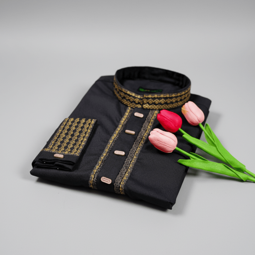 Classic Black Fancy Cotton Panjabi – Golden Embroidery Edition 👑 - ND LIFESTYLE