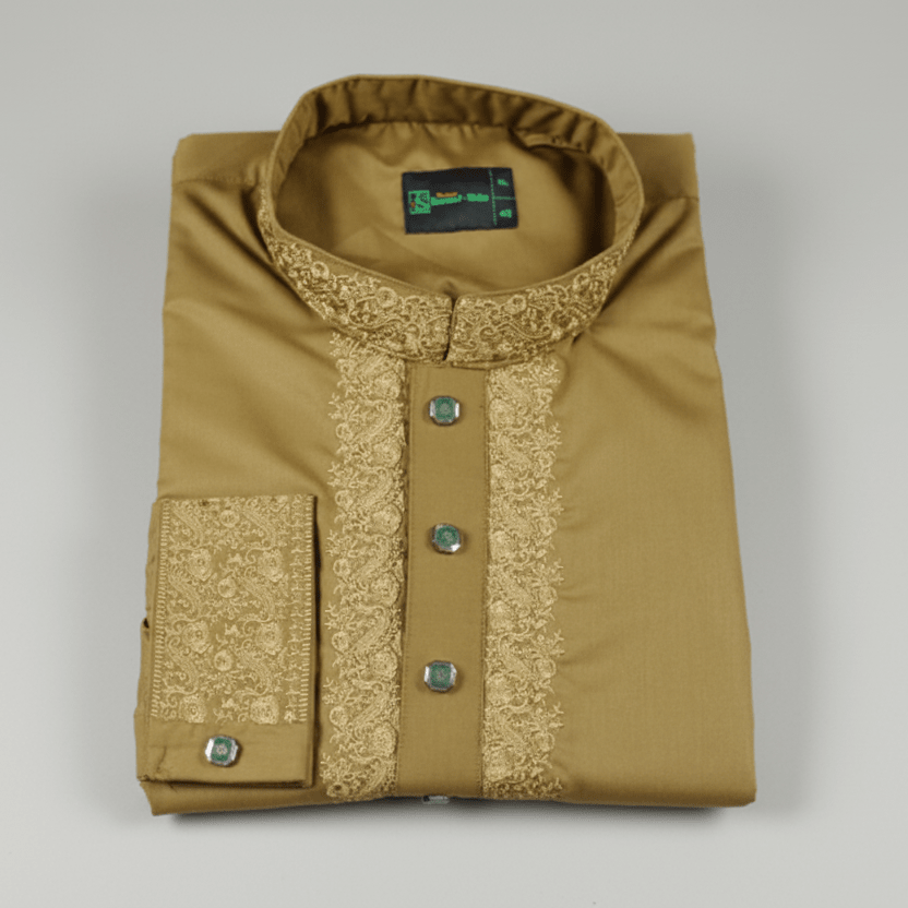 ✨ Elegant Golden Mustard Fancy Cotton Panjabi – Premium Embroidery 👑 - MS025 - ND LIFESTYLE