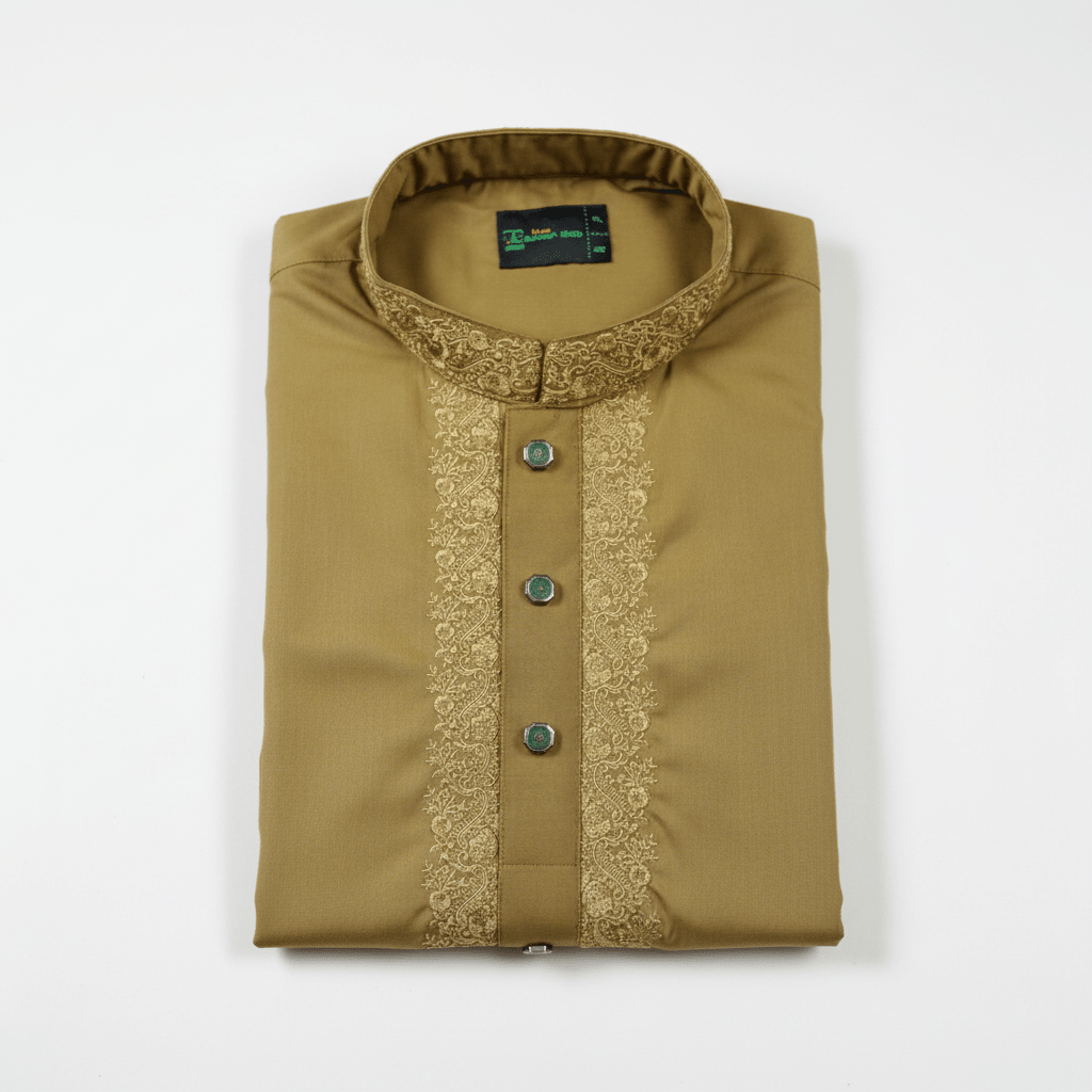 ✨ Elegant Golden Mustard Fancy Cotton Panjabi – Premium Embroidery 👑 - MS025 - ND LIFESTYLE