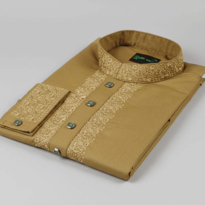 ✨ Elegant Golden Mustard Fancy Cotton Panjabi – Premium Embroidery 👑 - MS025 - ND LIFESTYLE