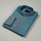 ✨ Elegant Steel Blue Fancy Cotton Panjabi – Premium Embroidery 👑 - MS022 - ND LIFESTYLE