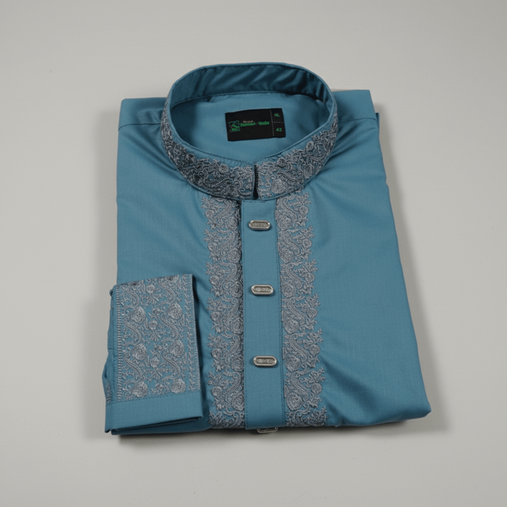 ✨ Elegant Steel Blue Fancy Cotton Panjabi – Premium Embroidery 👑 - MS022 - ND LIFESTYLE