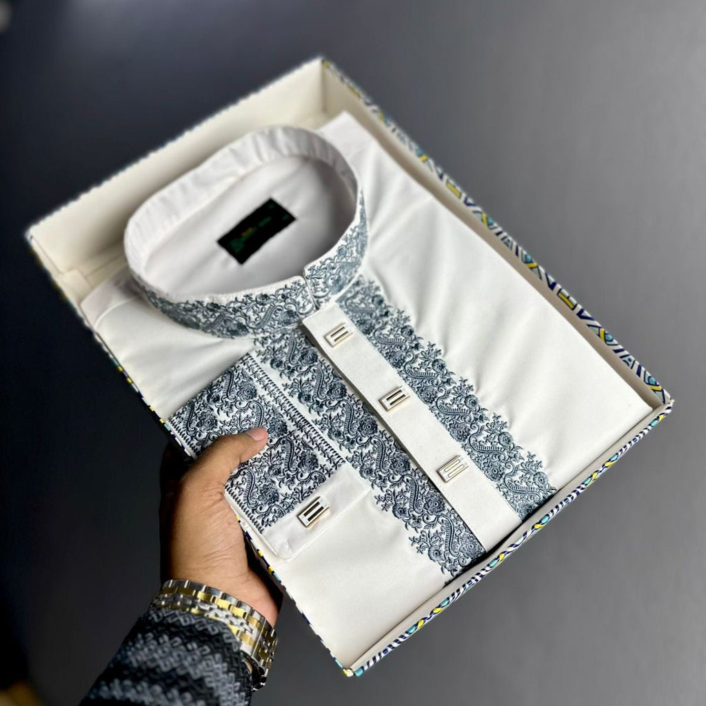 ✨ Elegant White Fancy Cotton Panjabi – Premium Embroidery 👑 - MS021 - ND LIFESTYLE