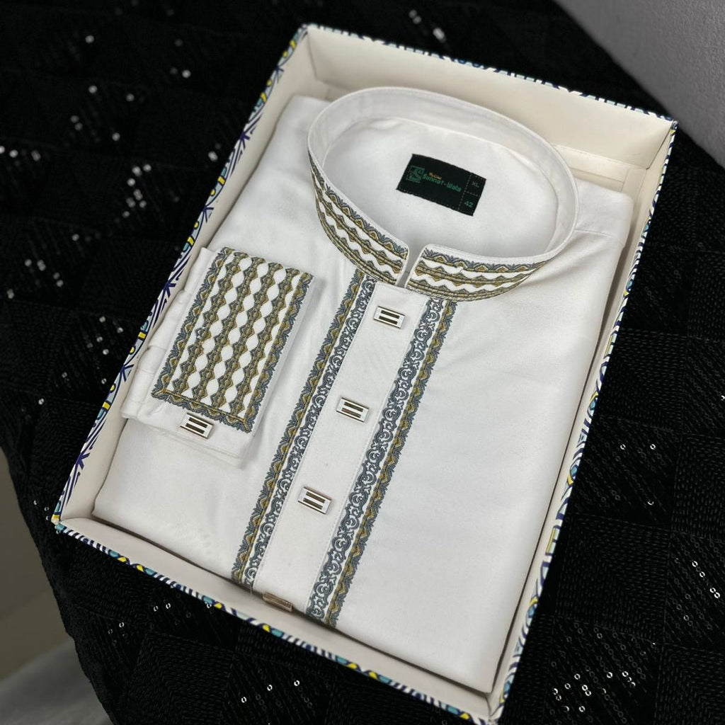 ✨ Elegant White Fancy Cotton Panjabi – Royal Embroidery 👑 - MS - ND LIFESTYLE