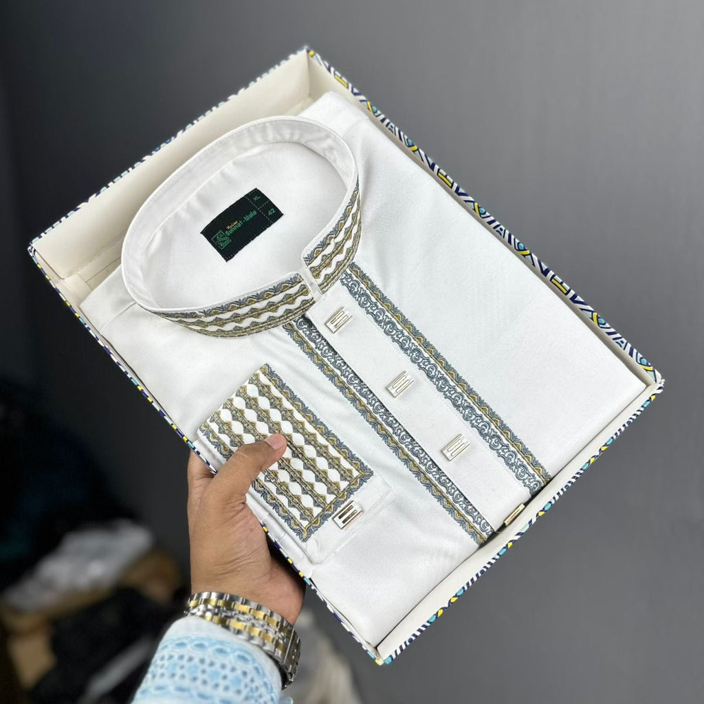 ✨ Elegant White Fancy Cotton Panjabi – Royal Embroidery 👑 - MS - ND LIFESTYLE